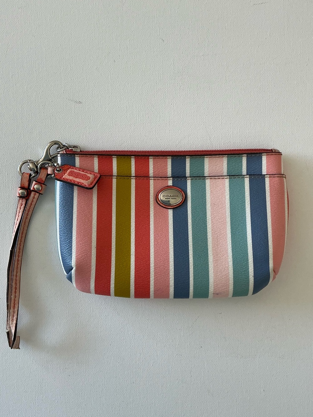 Coach Multicolor Stripe Wristlet Pouch Zip Clutch Pastel Rainbow Leather